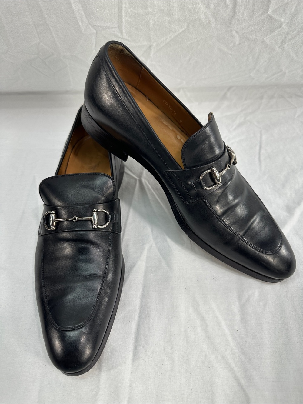 Gucci Silver Horsebit Loafers Slip On Leather Pointed Toe Shoes 353016 Men's 8